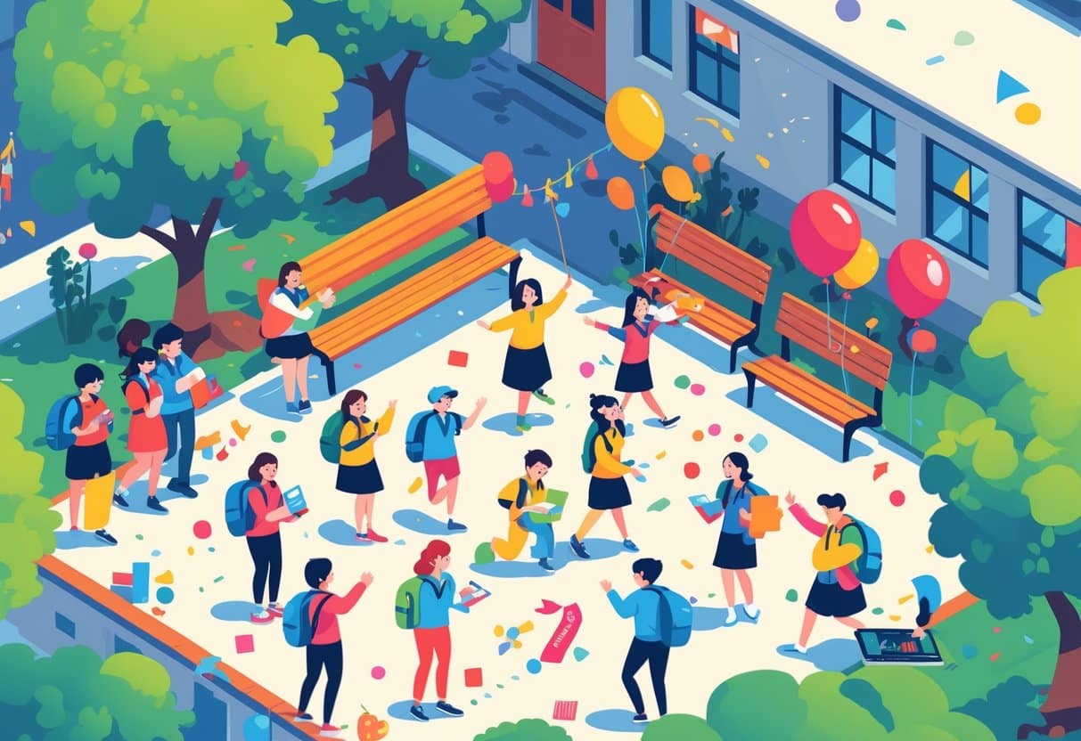 Estudantes felizes em um pátio escolar, conversando, brincando e celebrando o fim do ano letivo.