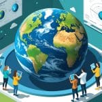Ilustração mostrando uma Terra esférica cercada por pessoas estudando astronomia e geografia em um ambiente de laboratório.