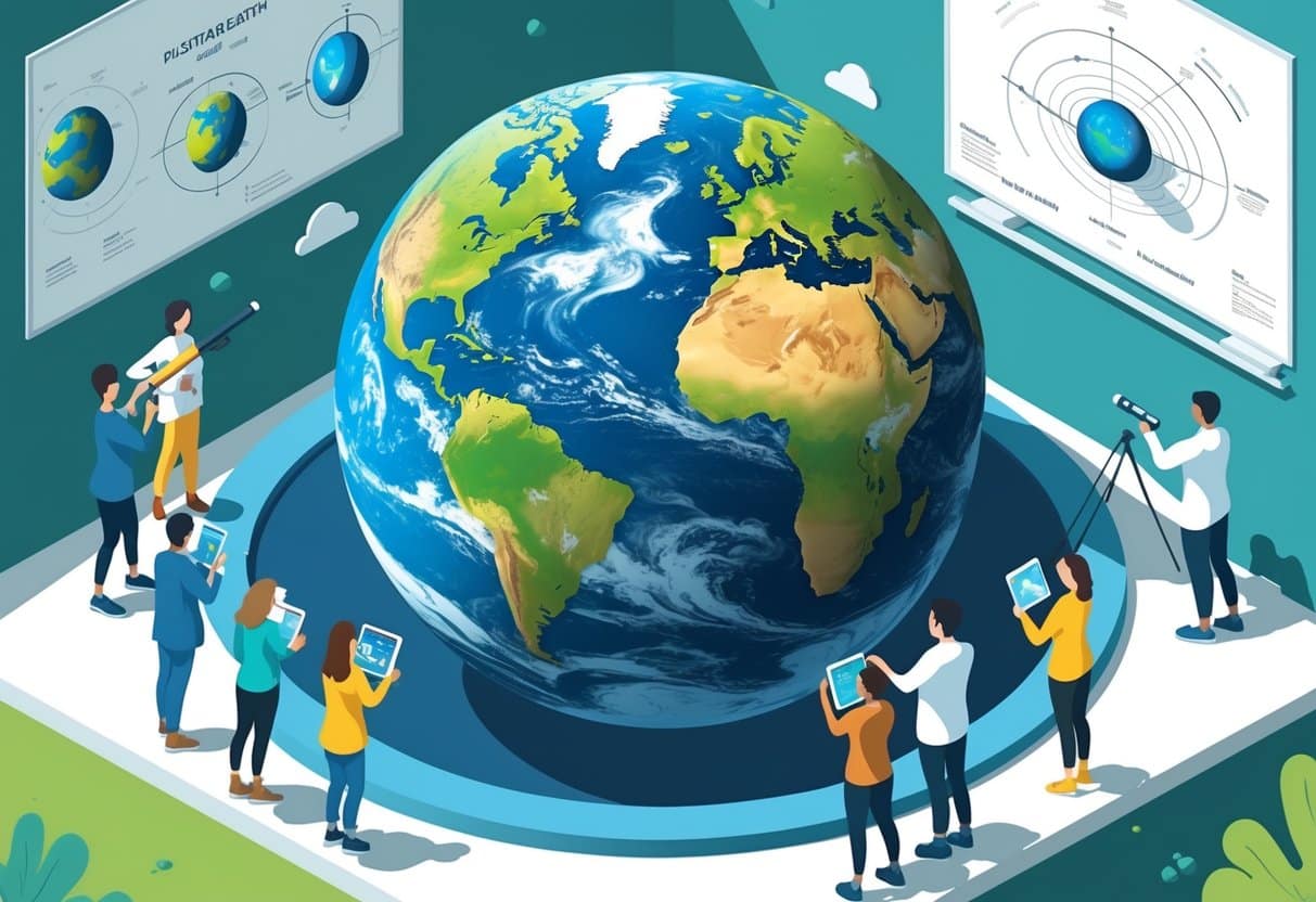 Ilustração mostrando uma Terra esférica cercada por pessoas estudando astronomia e geografia em um ambiente de laboratório.