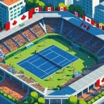 Vista aérea de um estádio de tênis cheio de jogadores e espectadores durante um torneio famoso no Canadá.