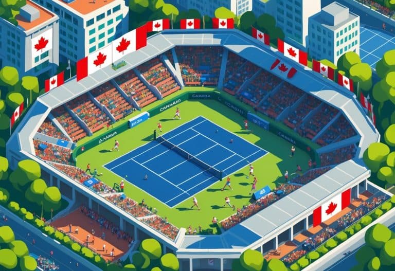 Vista aérea de um estádio de tênis cheio de jogadores e espectadores durante um torneio famoso no Canadá.