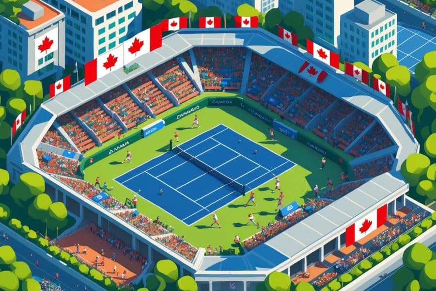 Vista aérea de um estádio de tênis cheio de jogadores e espectadores durante um torneio famoso no Canadá.