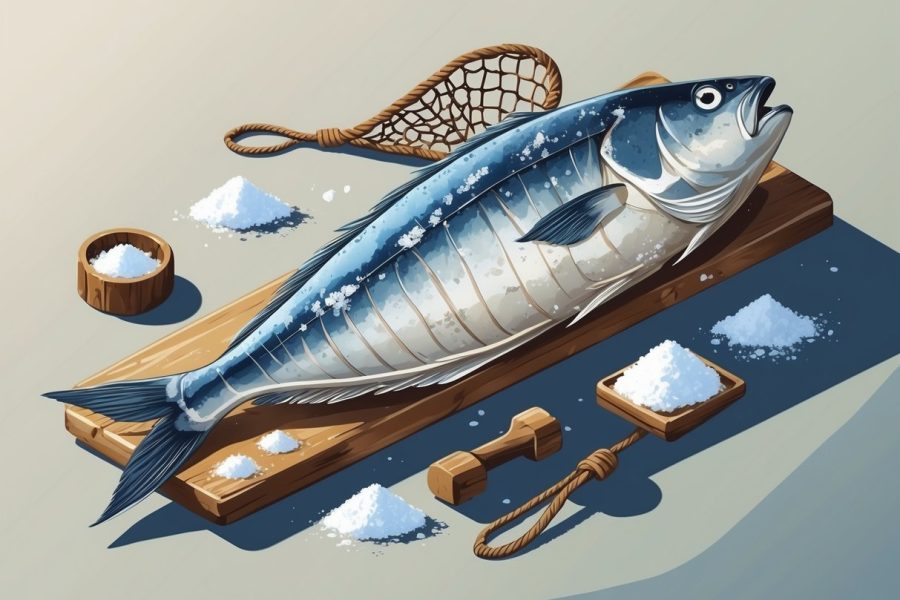 Peixe Gadus morhua seco e salgado sobre uma superfície de madeira, com sal grosso e ferramentas de pesca ao redor.