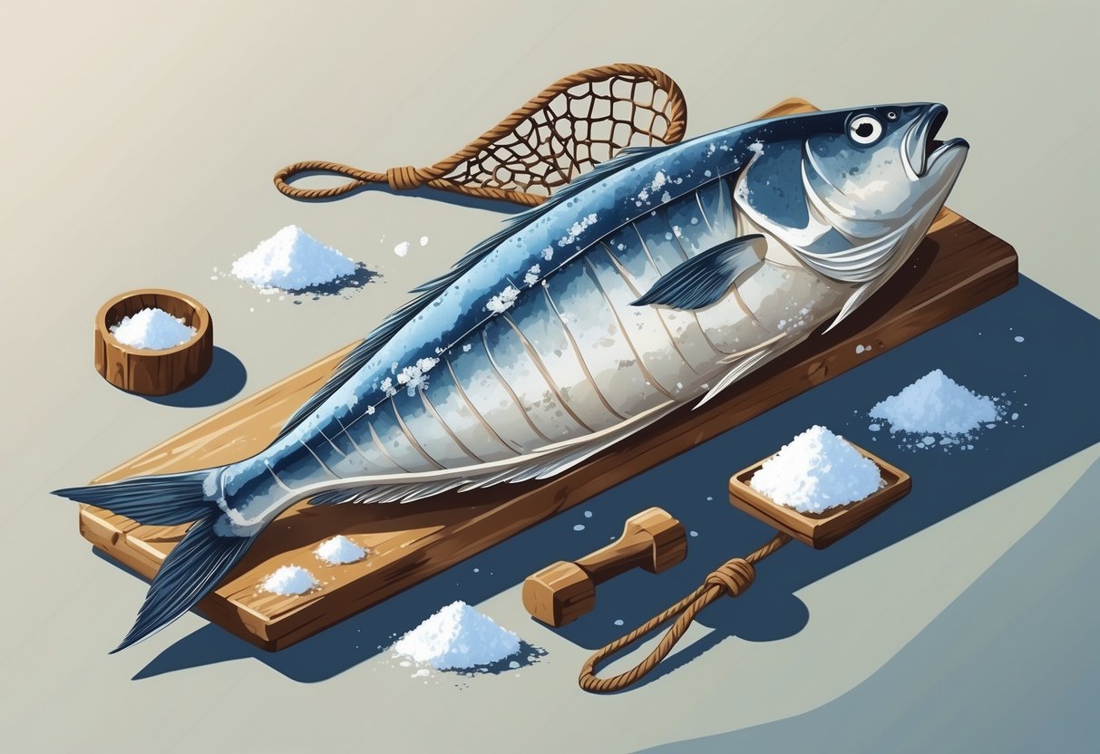 Peixe Gadus morhua seco e salgado sobre uma superfície de madeira, com sal grosso e ferramentas de pesca ao redor.