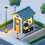 Ilustração de uma pequena casinha onde um segurança sentinela está sentado, com uma cancela e vegetação ao redor.