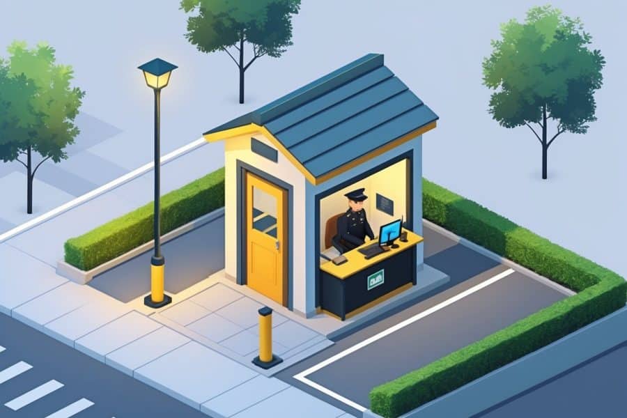 Ilustração de uma pequena casinha onde um segurança sentinela está sentado, com uma cancela e vegetação ao redor.