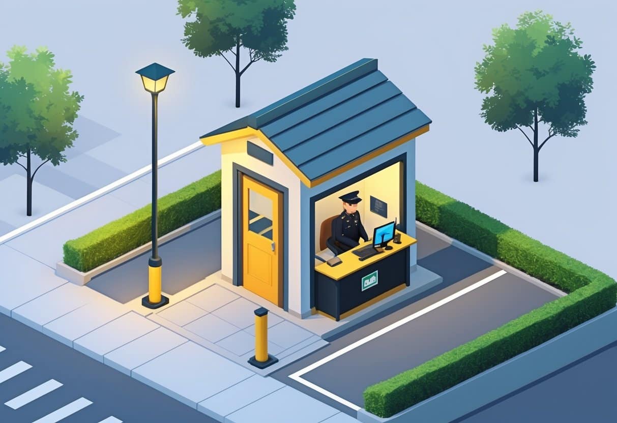 Ilustração de uma pequena casinha onde um segurança sentinela está sentado, com uma cancela e vegetação ao redor.