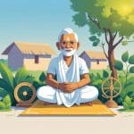 Figura pacifista indiana sentada em um ambiente ao ar livre, rodeada por plantas e uma roda de fiar, com expressão calma e vestindo roupas tradicionais.