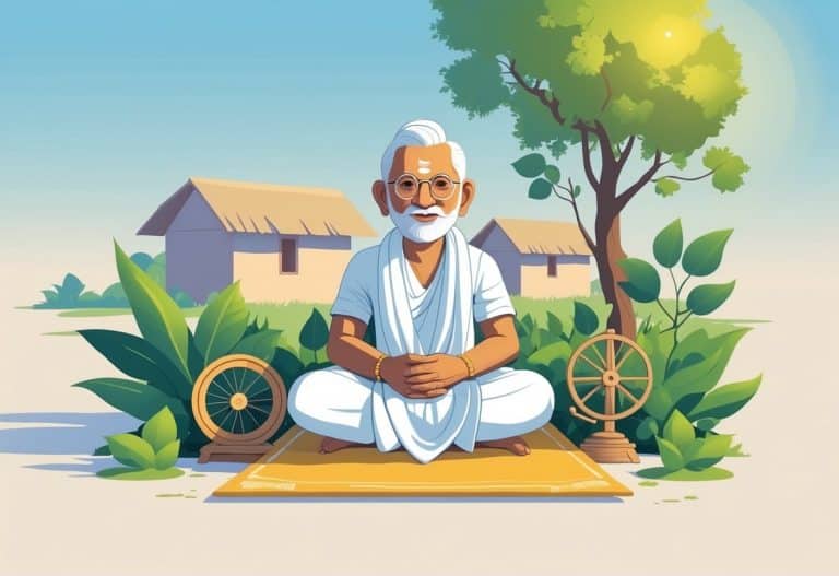 Figura pacifista indiana sentada em um ambiente ao ar livre, rodeada por plantas e uma roda de fiar, com expressão calma e vestindo roupas tradicionais.