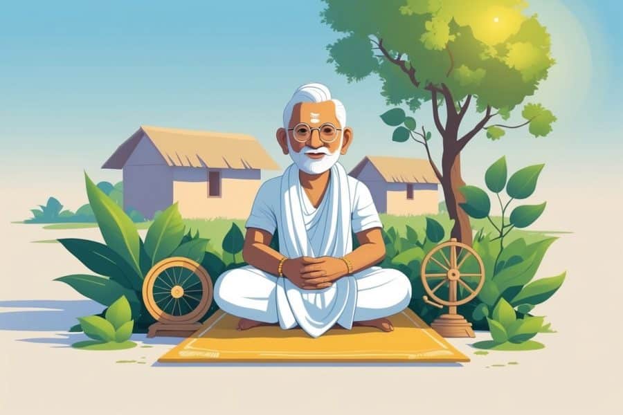 Figura pacifista indiana sentada em um ambiente ao ar livre, rodeada por plantas e uma roda de fiar, com expressão calma e vestindo roupas tradicionais.