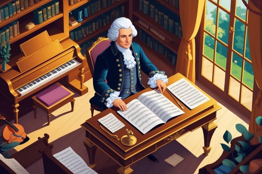 Homem vestido com roupas do século XVIII sentado em uma mesa com partituras e instrumentos musicais em um estúdio antigo.