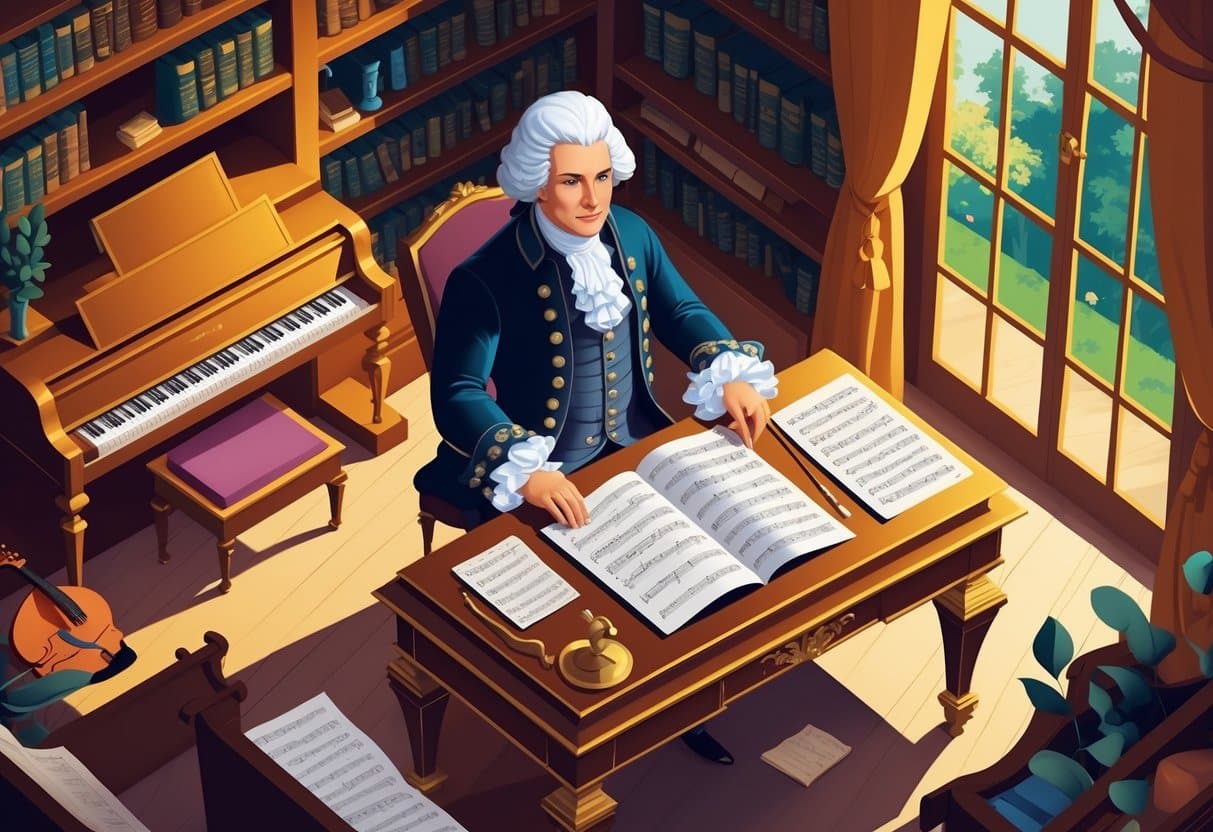 Homem vestido com roupas do século XVIII sentado em uma mesa com partituras e instrumentos musicais em um estúdio antigo.