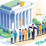 Uma figura autoritária entrega documentos para um grupo de pessoas em frente a um prédio governamental, simbolizando o perdão concedido pelo poder público aos culpados.