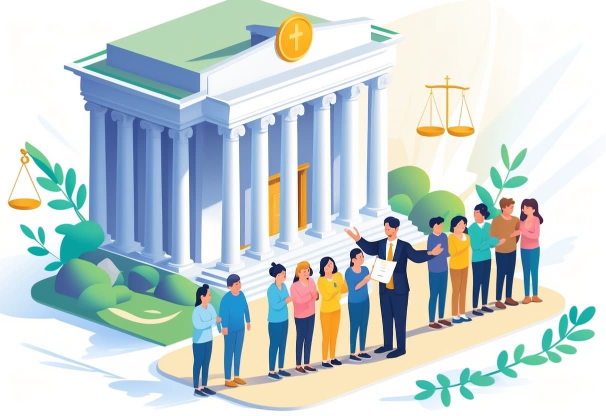 Uma figura autoritária entrega documentos para um grupo de pessoas em frente a um prédio governamental, simbolizando o perdão concedido pelo poder público aos culpados.