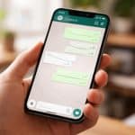 Uma mão segurando um smartphone com a tela mostrando uma conversa no WhatsApp em um ambiente interno desfocado.
