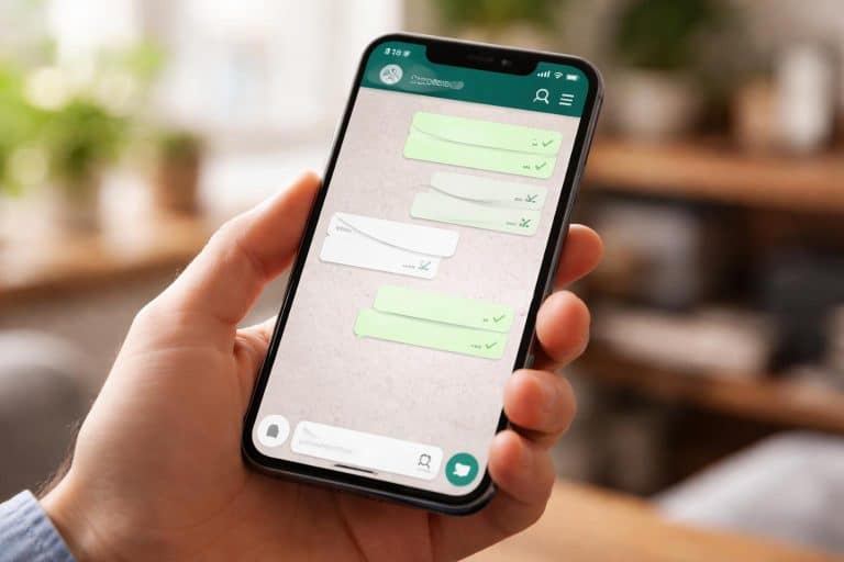 Uma mão segurando um smartphone com a tela mostrando uma conversa no WhatsApp em um ambiente interno desfocado.