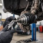 Mecânico reparando a homocinética de um carro em uma oficina automotiva.