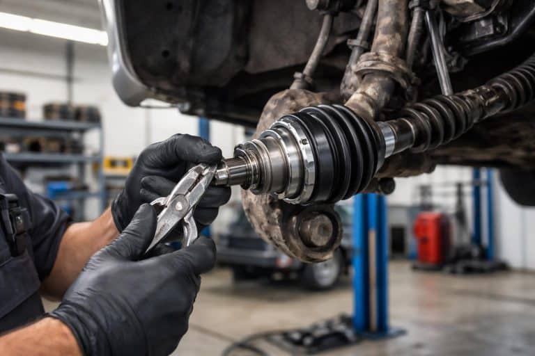 Mecânico reparando a homocinética de um carro em uma oficina automotiva.