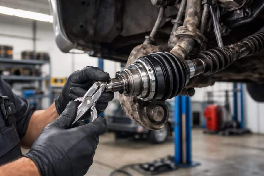 Mecânico reparando a homocinética de um carro em uma oficina automotiva.