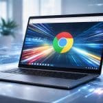 Um laptop moderno com a janela do navegador Chrome aberta mostrando elementos gráficos coloridos que representam aceleração de hardware, com efeitos digitais ao redor em um ambiente tecnológico.