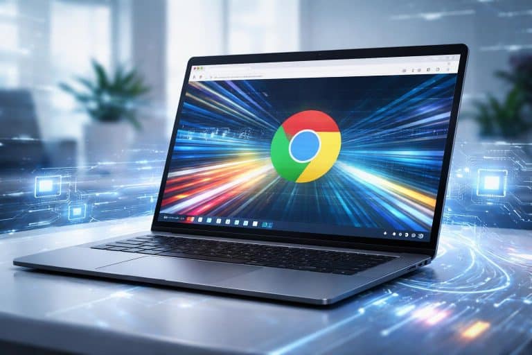 Um laptop moderno com a janela do navegador Chrome aberta mostrando elementos gráficos coloridos que representam aceleração de hardware, com efeitos digitais ao redor em um ambiente tecnológico.