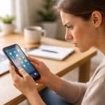 Pessoa segurando um smartphone, olhando atentamente para a tela em um ambiente interno bem iluminado.