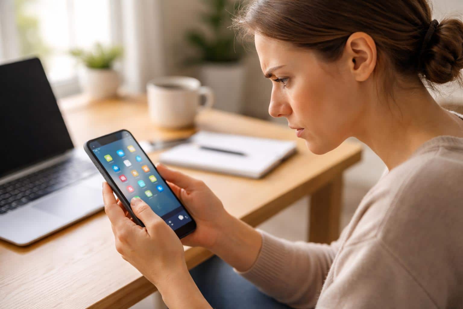 Pessoa segurando um smartphone, olhando atentamente para a tela em um ambiente interno bem iluminado.