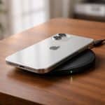 Um iPhone moderno carregando sem fio em uma base de carregamento sobre uma mesa de madeira.