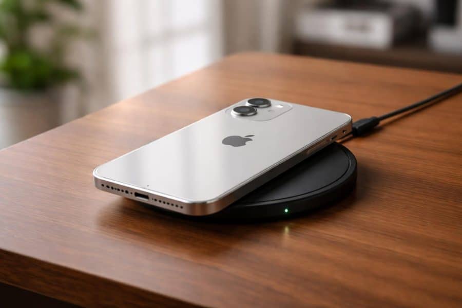 Um iPhone moderno carregando sem fio em uma base de carregamento sobre uma mesa de madeira.