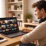 Pessoa sentada em uma mesa moderna assistindo a filmes online em um laptop em um ambiente doméstico aconchegante.