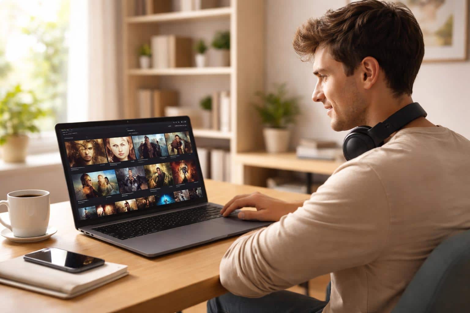 Pessoa sentada em uma mesa moderna assistindo a filmes online em um laptop em um ambiente doméstico aconchegante.