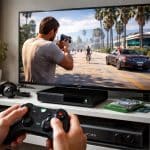 Pessoa jogando GTA 5 no Xbox One em uma sala de estar moderna com TV grande e controle na mão.