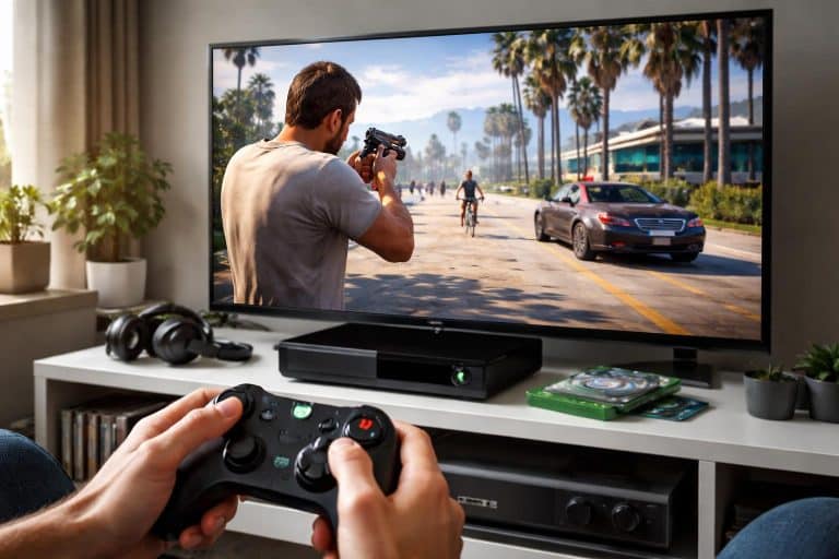 Pessoa jogando GTA 5 no Xbox One em uma sala de estar moderna com TV grande e controle na mão.