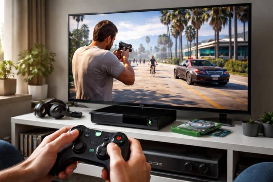 Pessoa jogando GTA 5 no Xbox One em uma sala de estar moderna com TV grande e controle na mão.