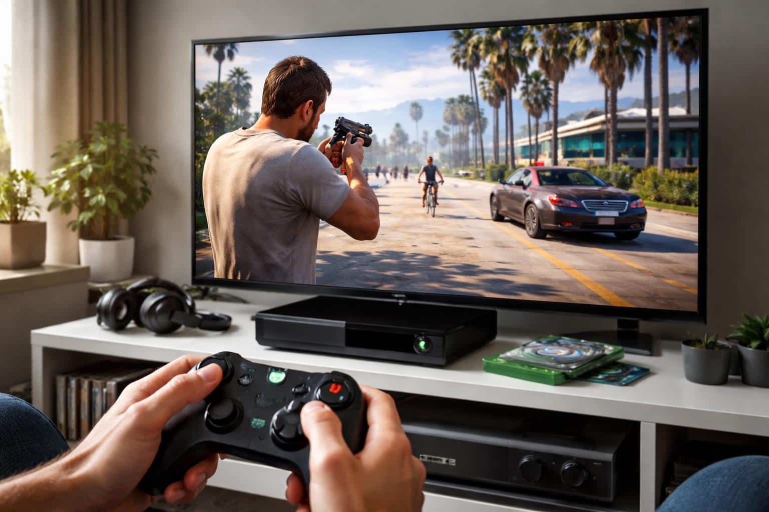 Pessoa jogando GTA 5 no Xbox One em uma sala de estar moderna com TV grande e controle na mão.