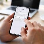 Pessoa segurando um smartphone com menus de configurações, em uma mesa com laptop e café ao fundo.