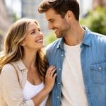 Um casal feliz, de mãos dadas, sorrindo em um ambiente urbano durante o dia.