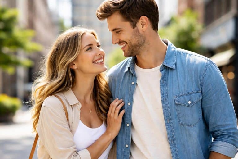Um casal feliz, de mãos dadas, sorrindo em um ambiente urbano durante o dia.