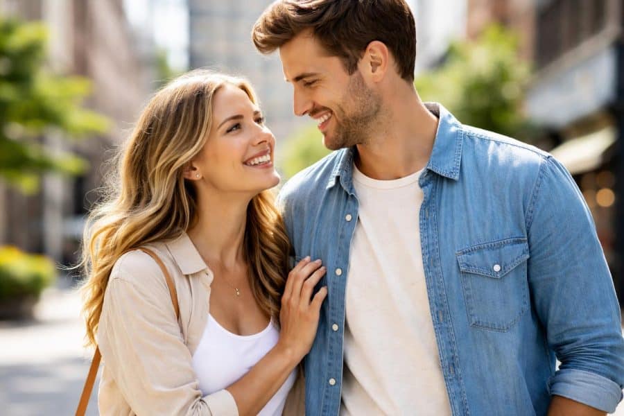 Um casal feliz, de mãos dadas, sorrindo em um ambiente urbano durante o dia.