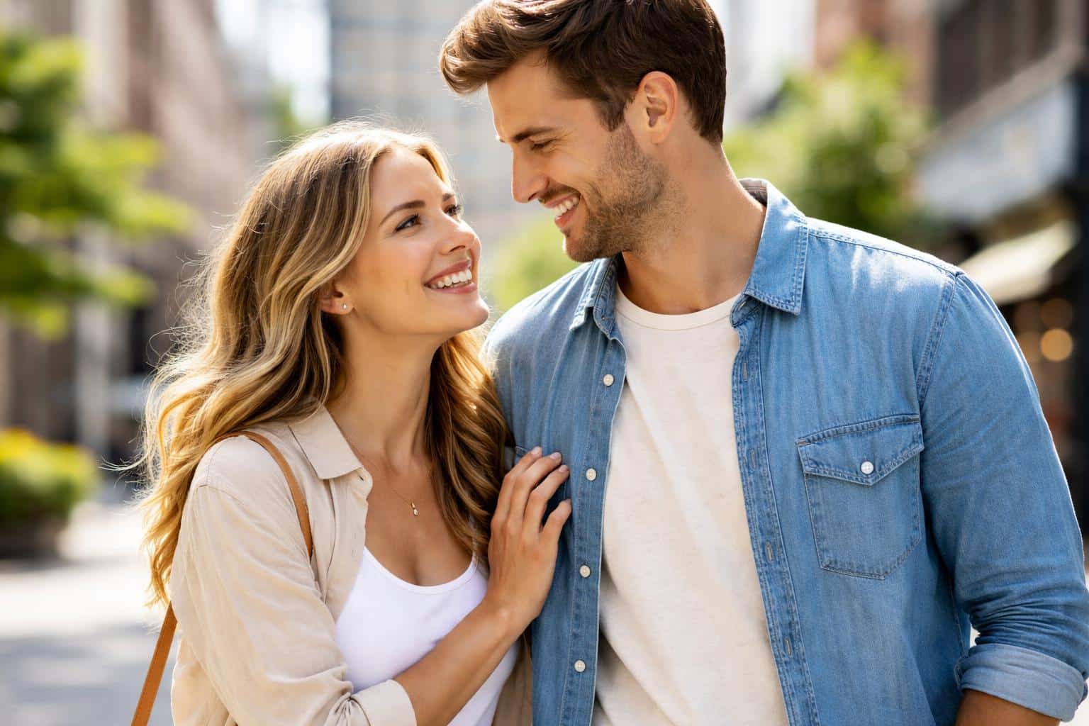 Um casal feliz, de mãos dadas, sorrindo em um ambiente urbano durante o dia.