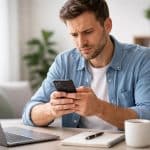 Pessoa sentada em uma mesa moderna, olhando atentamente para um celular nas mãos, com expressão pensativa, em um ambiente claro e organizado.