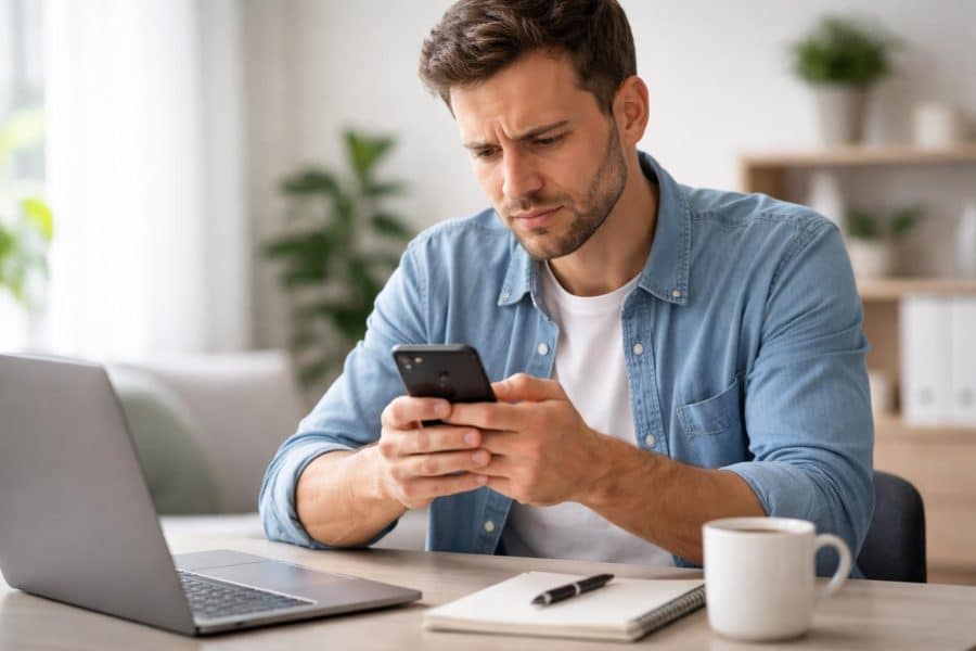 Pessoa sentada em uma mesa moderna, olhando atentamente para um celular nas mãos, com expressão pensativa, em um ambiente claro e organizado.