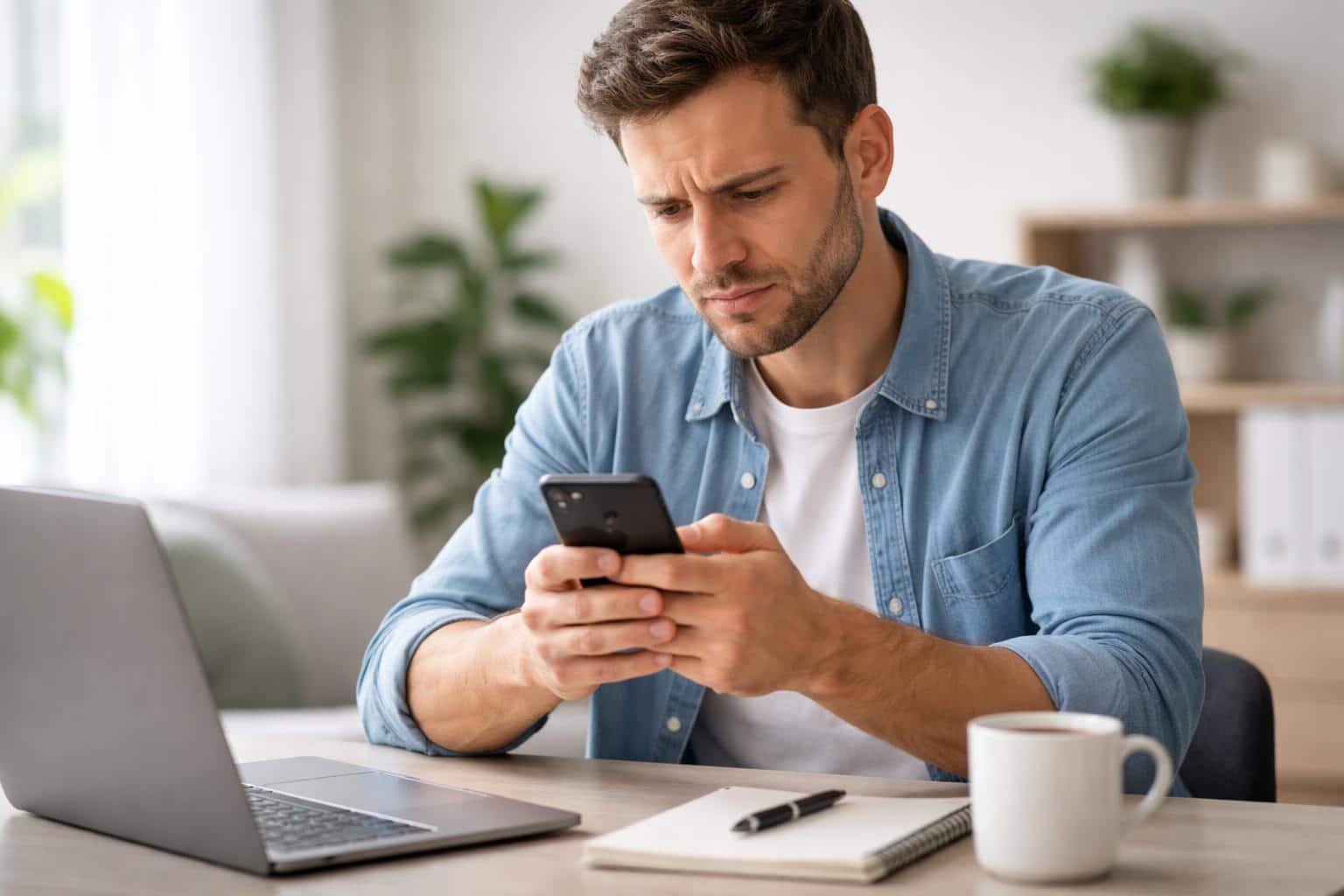 Pessoa sentada em uma mesa moderna, olhando atentamente para um celular nas mãos, com expressão pensativa, em um ambiente claro e organizado.