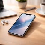 Mesa de trabalho com um iPhone 13 ligado, fones de ouvido sem fio, laptop e uma xícara de café.