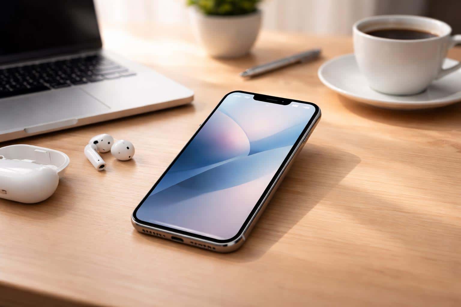Mesa de trabalho com um iPhone 13 ligado, fones de ouvido sem fio, laptop e uma xícara de café.