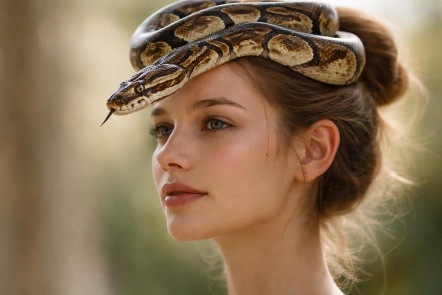 Pessoa com uma cobra enrolada na cabeça em um ambiente neutro.