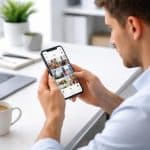 Pessoa jovem sentada em uma mesa moderna, usando um smartphone em um ambiente de escritório claro e organizado.