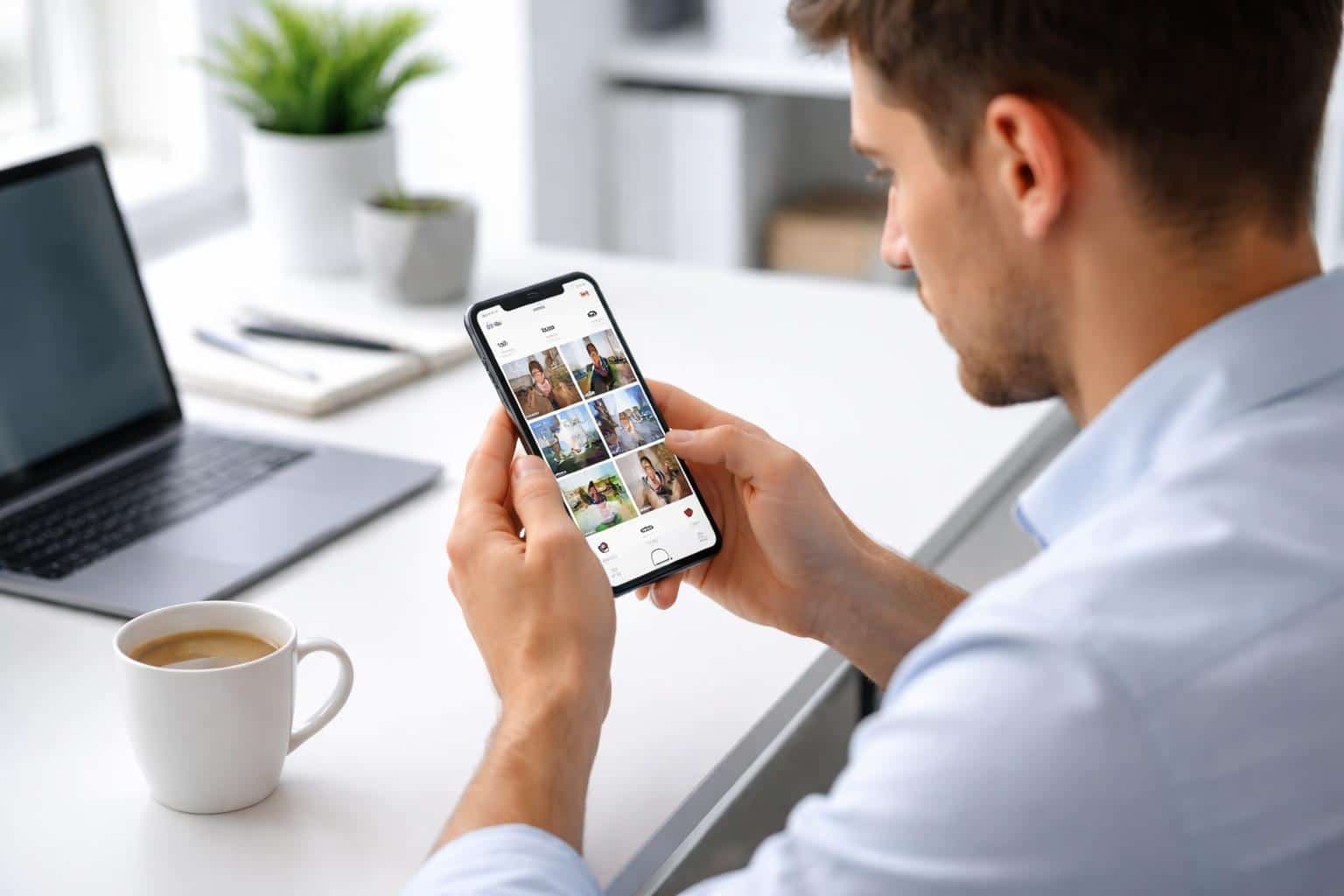 Pessoa jovem sentada em uma mesa moderna, usando um smartphone em um ambiente de escritório claro e organizado.
