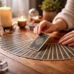 Pessoa escolhendo uma carta de tarô em uma mesa com velas, cristais e plantas ao redor.