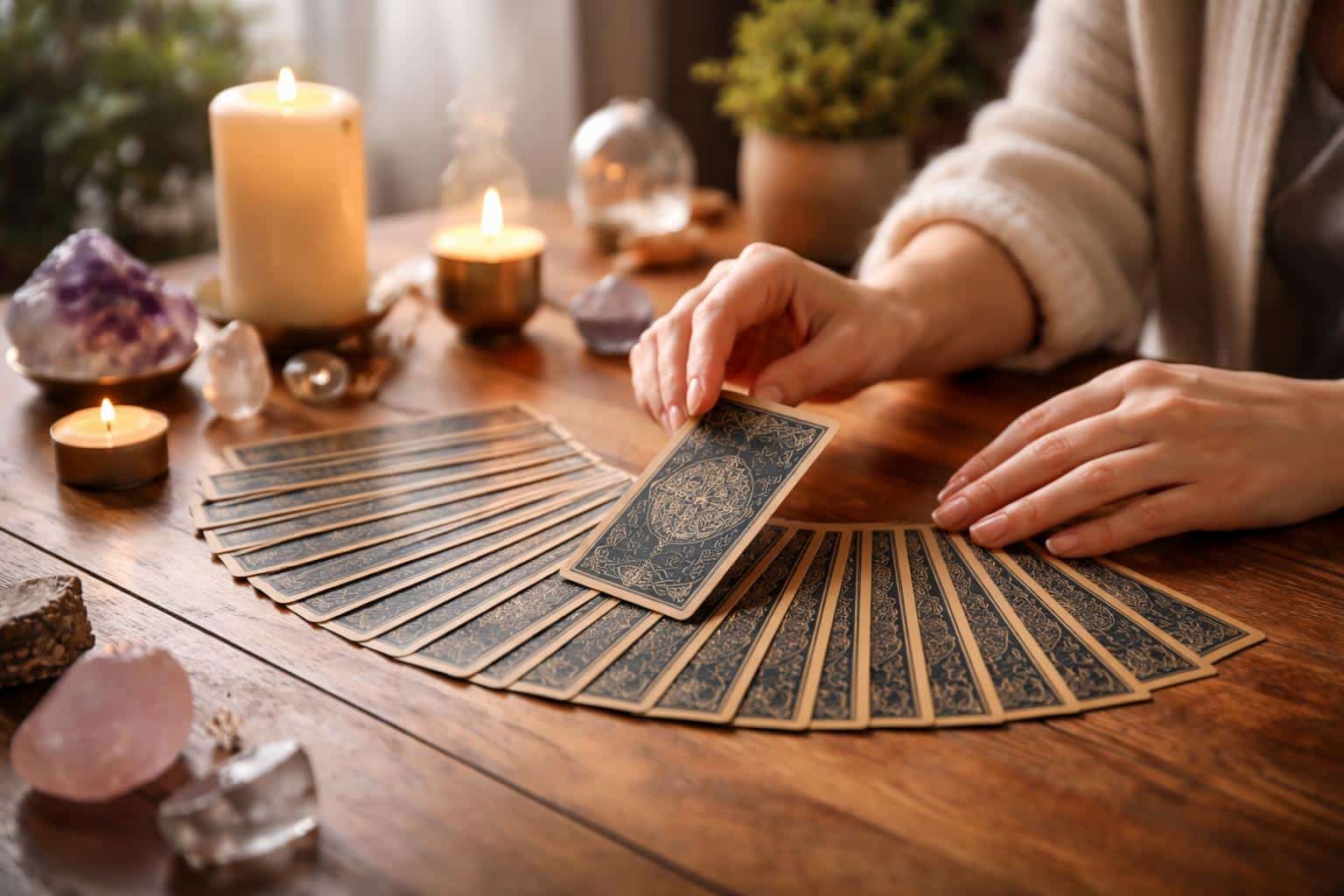 Pessoa escolhendo uma carta de tarô em uma mesa com velas, cristais e plantas ao redor.